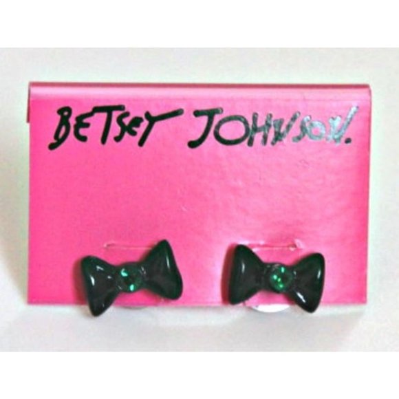 BETSEY JOHNSON Black Bow with SPARKLING Green Center STUD Fashion EARRINGS - Picture 1 of 1